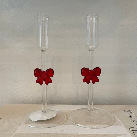 Red Bow Glass Taper Candle Holders 7in Set of 2 Holiday Glam NEW - Picture 8 of 9